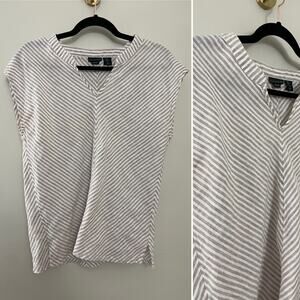 100%‎ Linen Tahari Beige & Cream Stripe Minimalist Lagenlook V-Neck Boxy Top S/M